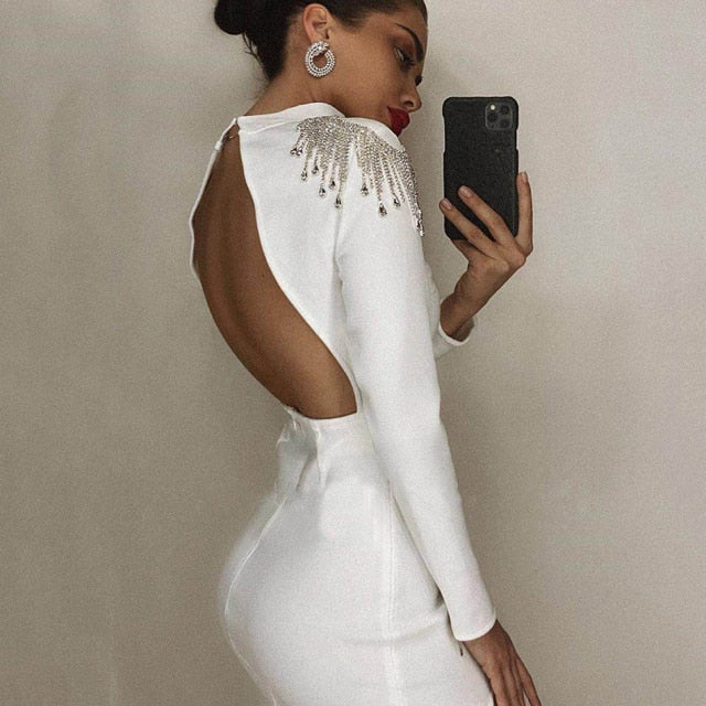 New Diamond Tassel Bandage Long Dress Women Sexy Backless Split Bodycon Celebrity Party Evening Runway Vestidos 2021 Fashion