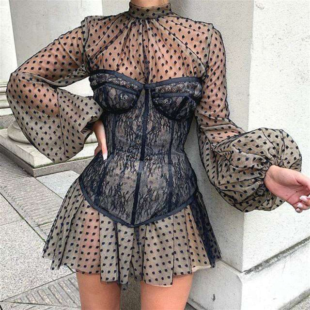 Sexy Stitching Lace Perspective Lantern Sleeves Dress Vestidos