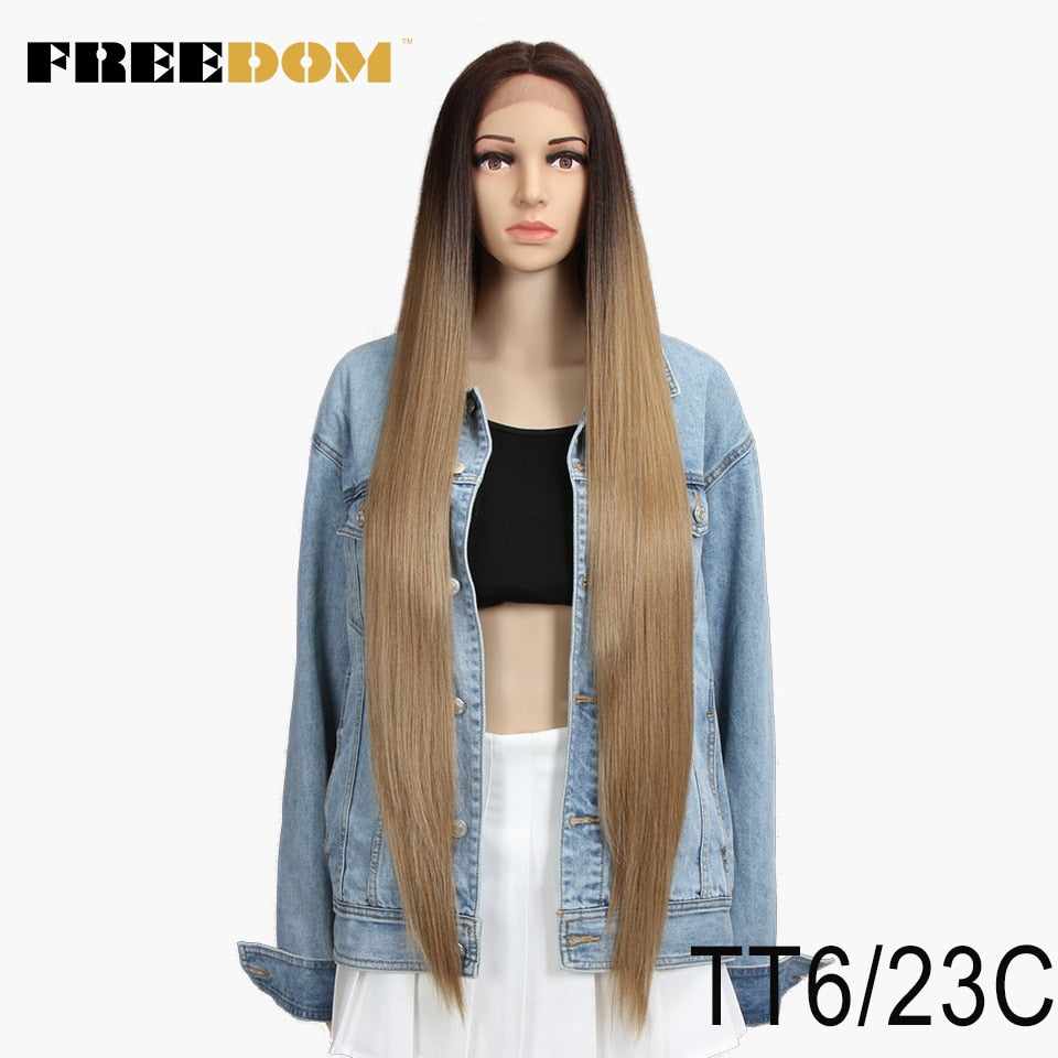 FREEDOM Synthetic Lace Front Wig 38 Inches Deep Part Long Straight Wigs Ombre Cosplay Wigs Synthetic Lace Wig for Black Women