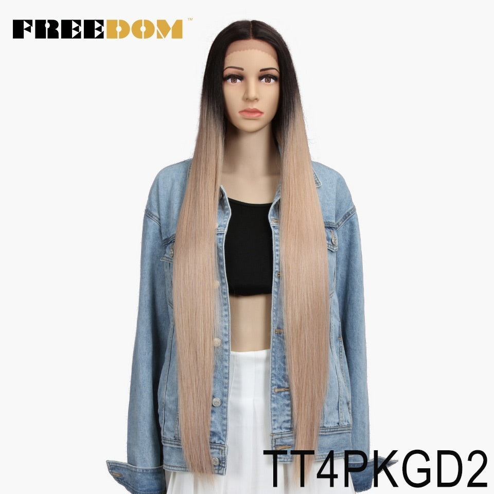 FREEDOM Synthetic Lace Front Wig 38 Inches Deep Part Long Straight Wigs Ombre Cosplay Wigs Synthetic Lace Wig for Black Women