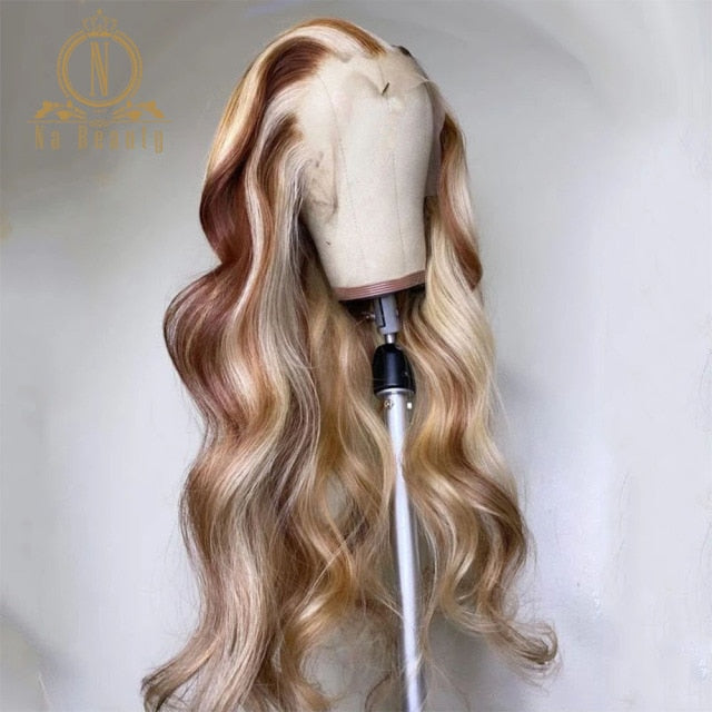 Highlight 613 Brown Blonde Colored Human Hair Wig Body Wave Ombre HD Transparent Lace Front Wigs For Women Nabeauty 180 Density