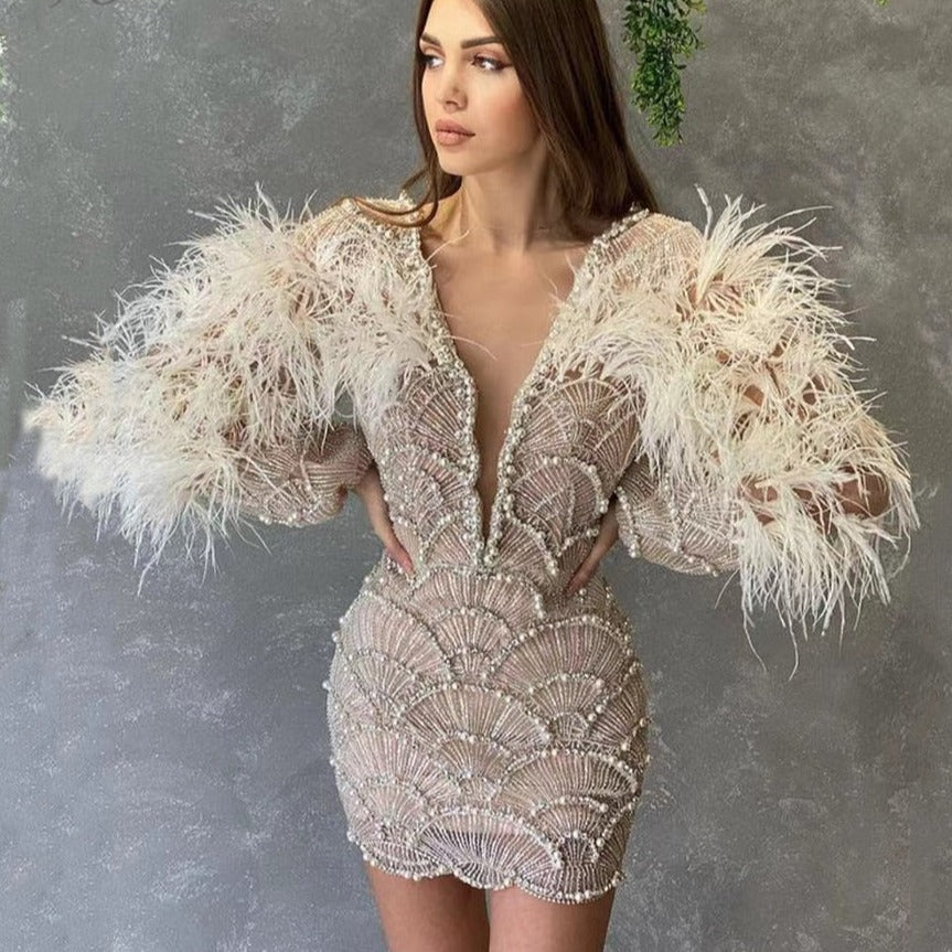 V-neck Beaded Long Sleeve Feather Wine Dress