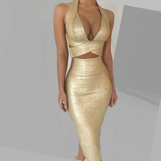 June lips 2021 New Sexy Fashion High Quality Halter Neck Gold Foil Two Piece Bandage Dresses Wholesale Dropshipping