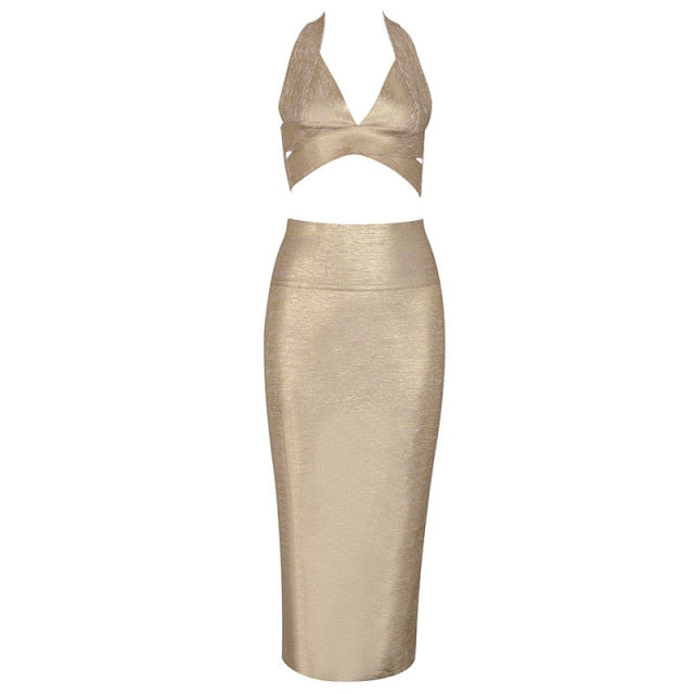 June lips 2021 New Sexy Fashion High Quality Halter Neck Gold Foil Two Piece Bandage Dresses Wholesale Dropshipping