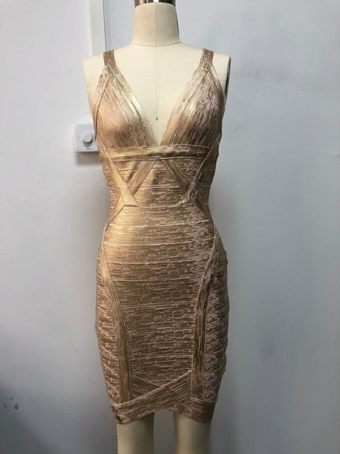 June lips 2021 New Sexy Fashion High Quality Halter Neck Gold Foil Two Piece Bandage Dresses Wholesale Dropshipping