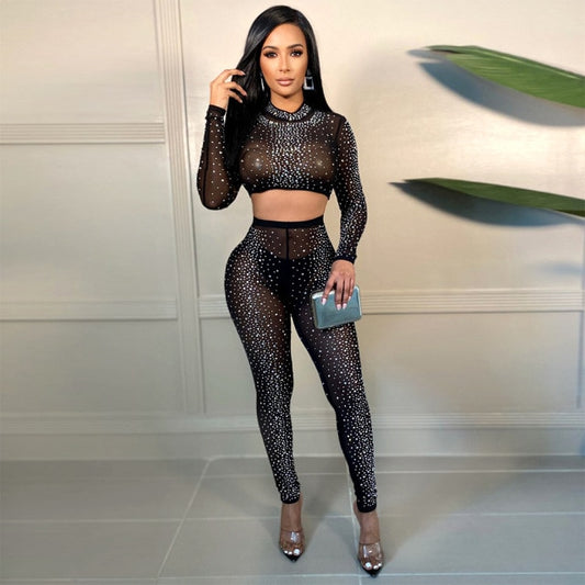 SSEURAT   Women Set Diamonds Half High Collar Long Sleeve Crop Top Knee Length Pant Two Piece Set  Sexy Club Suit