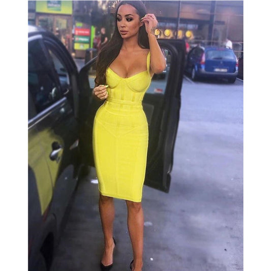 Free Shipping Sexy Sleeveless V Neck Green Yellow Women Bodycon Bandage Dress 2021 Designer Fashion Evening Party Dress Vestido