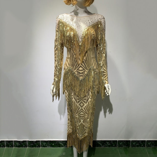 Luxury Golden Tassel Rhinestone Sequined Long Dress