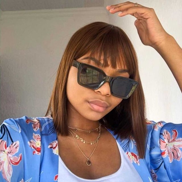 Short Human Hair Wig with Fringe for Women Straight Remy Hair Bob Wigs With Bangs Dark Brown Balayage Highlight Color