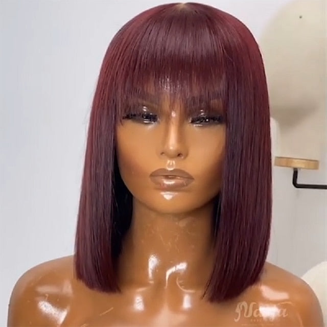 Short Human Hair Wig with Fringe for Women Straight Remy Hair Bob Wigs With Bangs Dark Brown Balayage Highlight Color