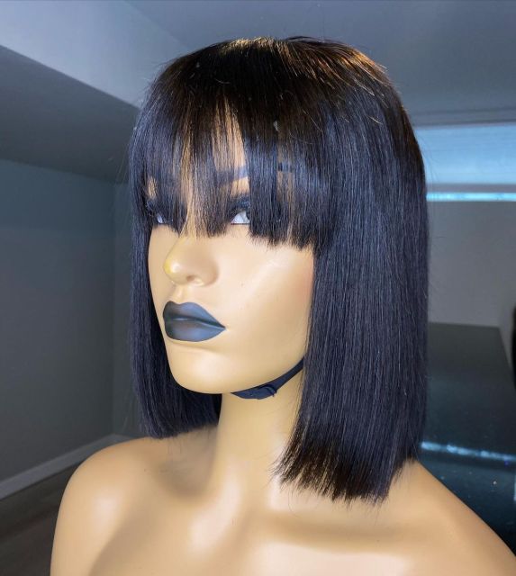 Short Human Hair Wig with Fringe for Women Straight Remy Hair Bob Wigs With Bangs Dark Brown Balayage Highlight Color