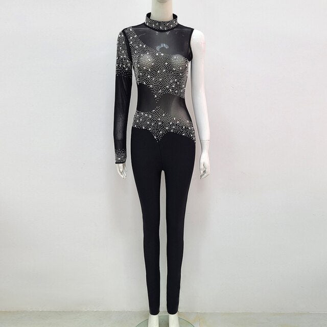 One-Shoulder Sleeve Lace Diamond Sexy Hollow Rayon Bandage Jumpsuit