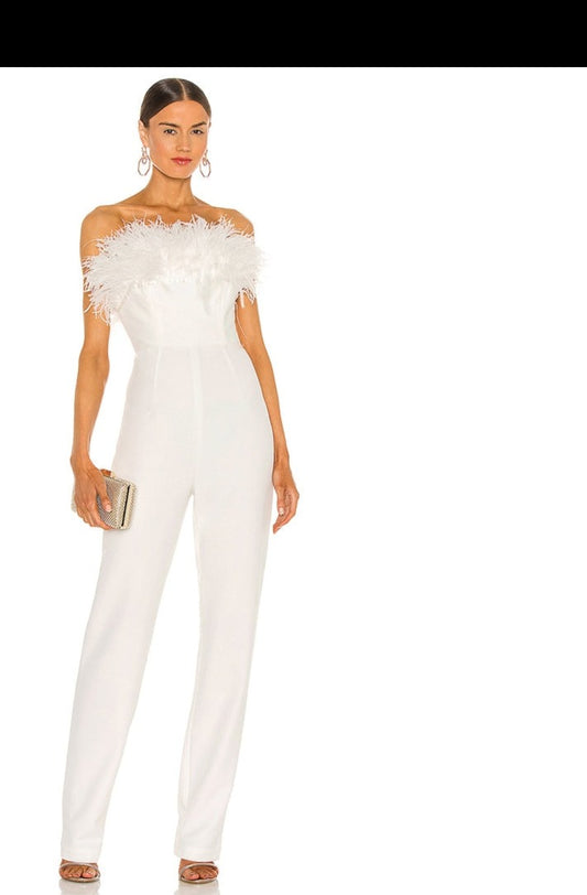 Elegant White Jumpsuit Halter Strapless Jumpsuit Skinny Feather