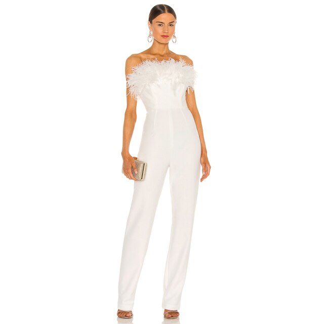 Elegant White Jumpsuit Halter Strapless Jumpsuit Skinny Feather