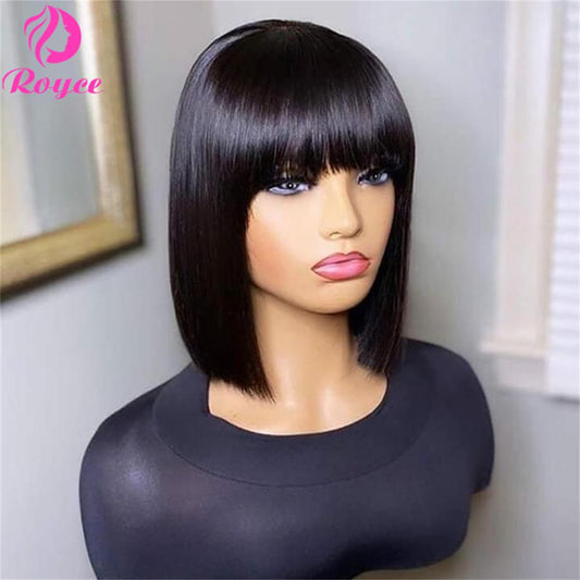 Peruvian Short Straight Bob Wig With Bangs Bone Straight Human Hair Wig Remy Machine Made Short Bob Wigs For Women Glueless Wigs